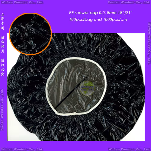 Poly transparente resistente al agua/HDPE/LDPE/transparente/Mob/Mop/Gorro de ducha de PE desechable de plástico para hotel/viajes Baño/Bañarse con formas plisadas/engarzadas/Strip/Clip/Stripe